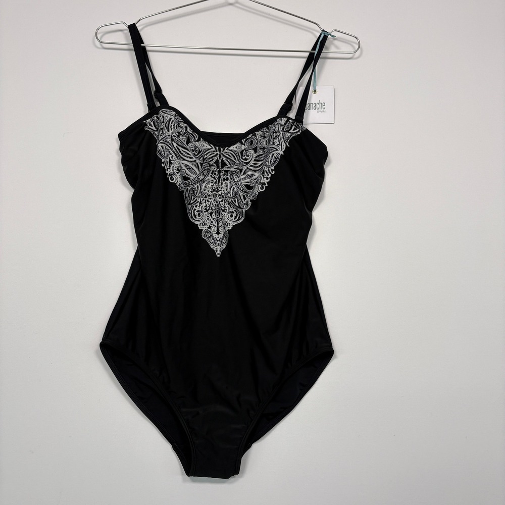 NWT Panache Women Swimsuit 34DD Black Santorini Paisley Embroidery SW0940 Beach